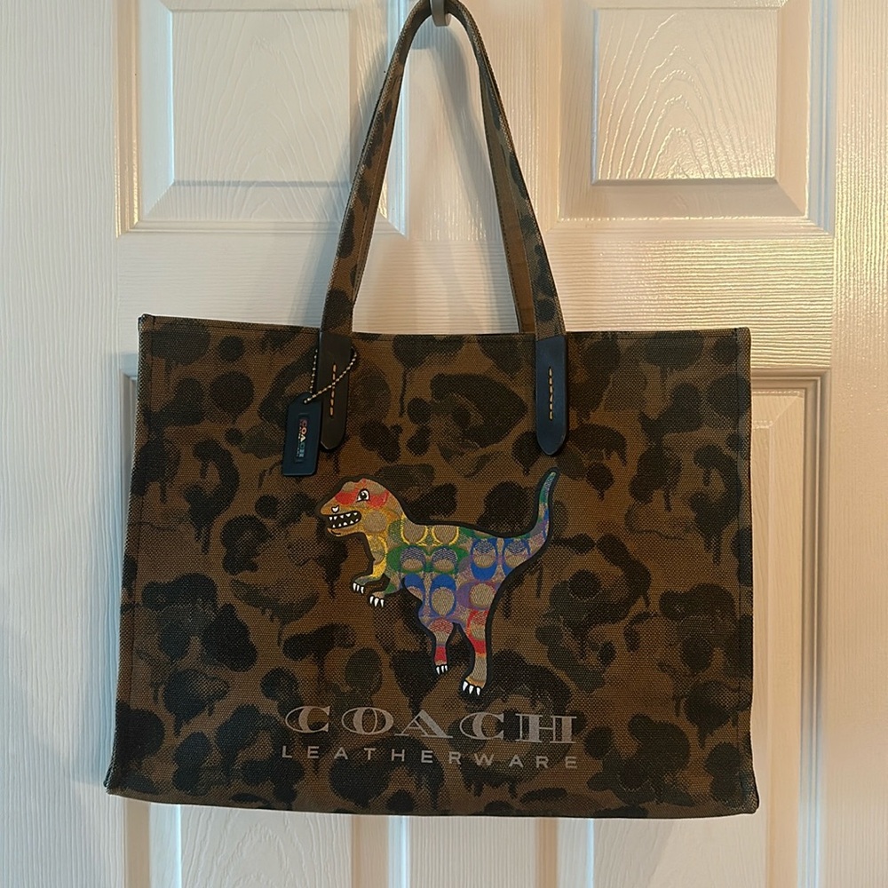 Coach Brown and Black Tote with Colorful Dinosaur